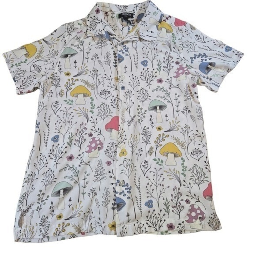 RSQ Mushroom Print Button Down Shirt Mens Small White Floral Short Sleeve Rayon